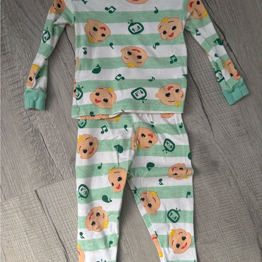 Green and White Striped Pajama Set with Teddy Bear Print
